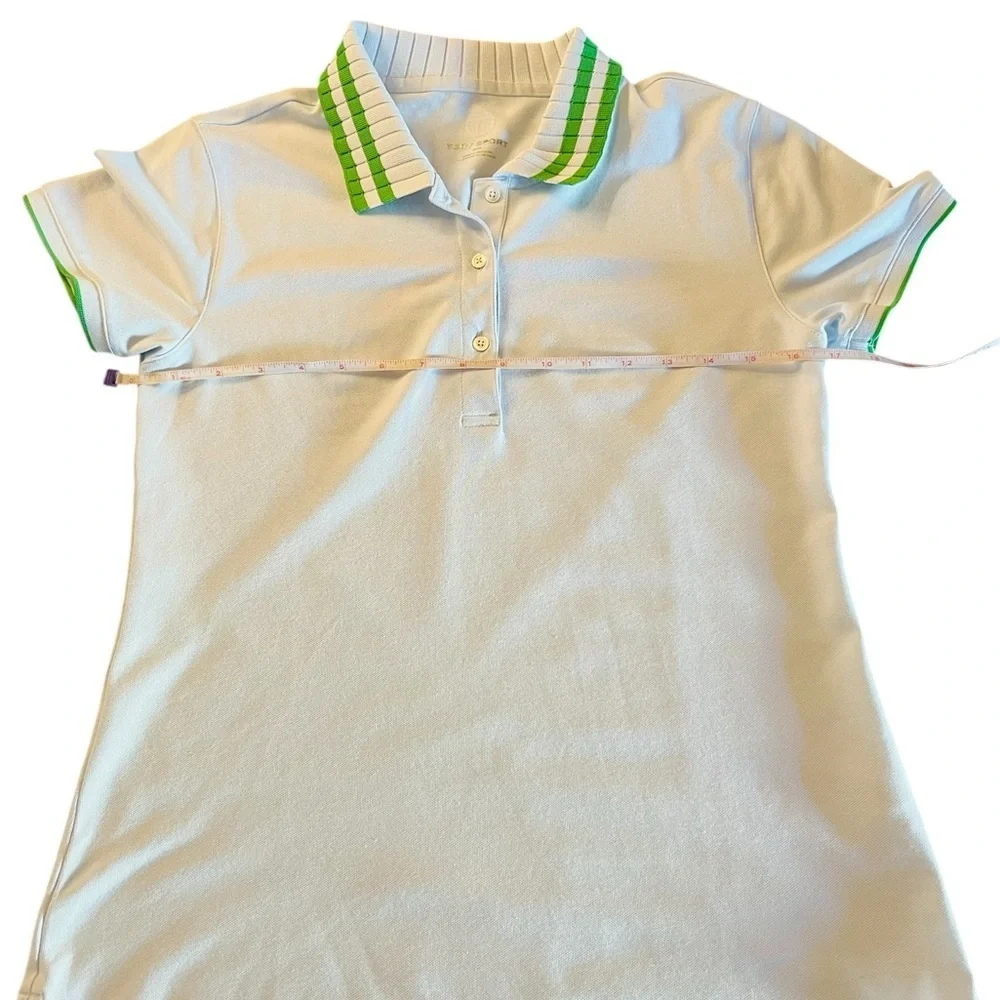 Tory Burch Women's Light Blue Polo Shirt with Green Accents Size Medium
